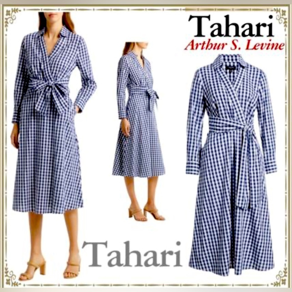 NWT Tahari Navy & White Gingham Long Sleeve Shirt Dress - Picture 2 of 15
